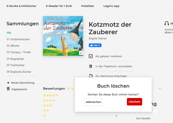 Legimi Webseite - Buch aus Regal und Kollektionen löschen